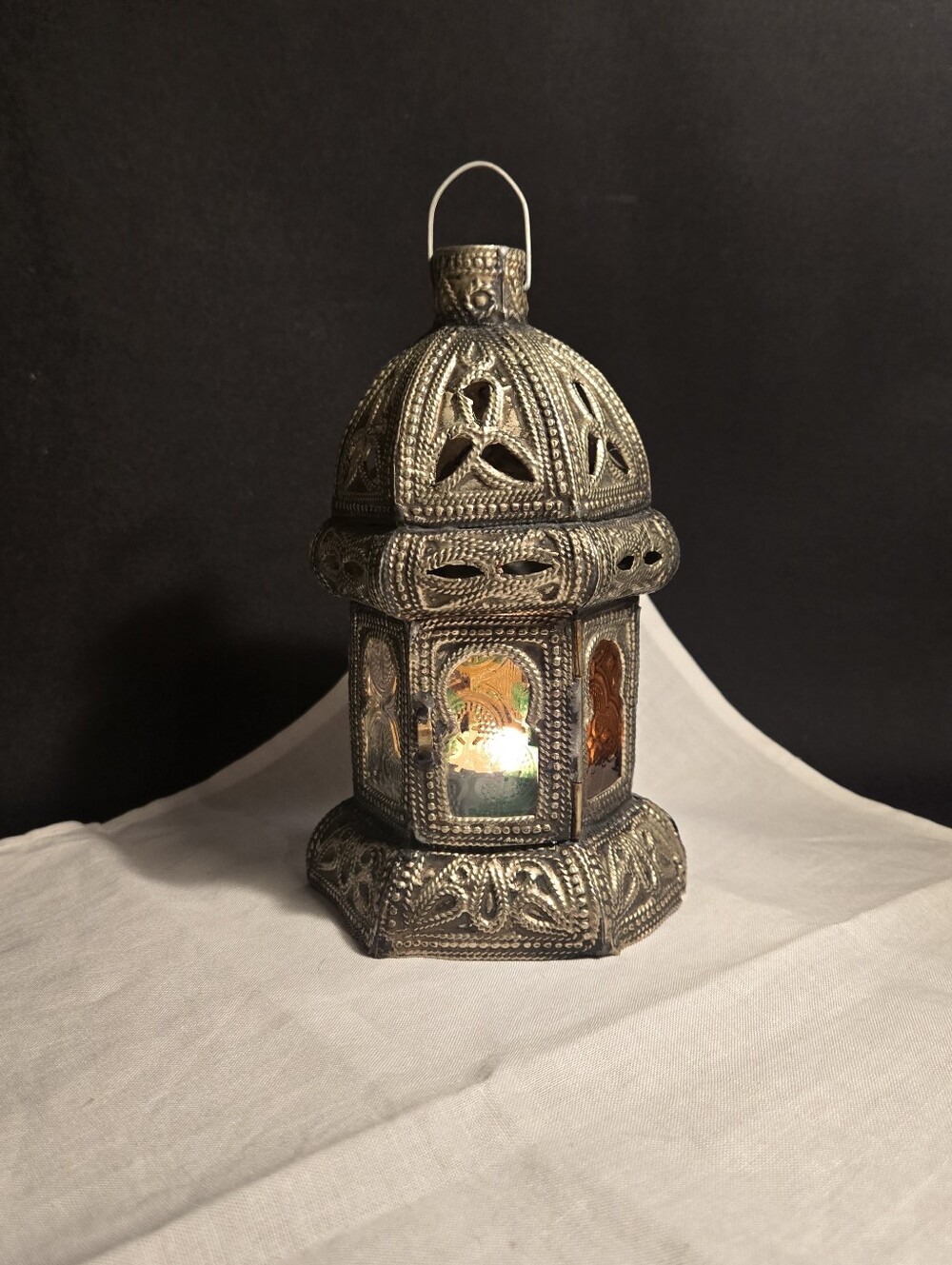 Intricate Silver Metal Moroccan-Style Lantern with Colored Glass